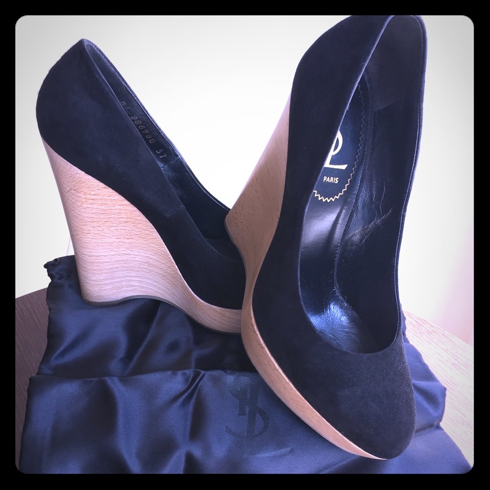 Saint Laurent black suede wood wedge heels,size 37